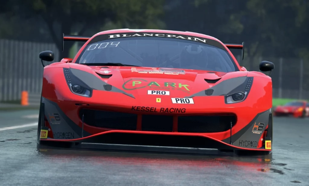 Assetto Corsa Competizione race in wet weather with GT3 cars battling