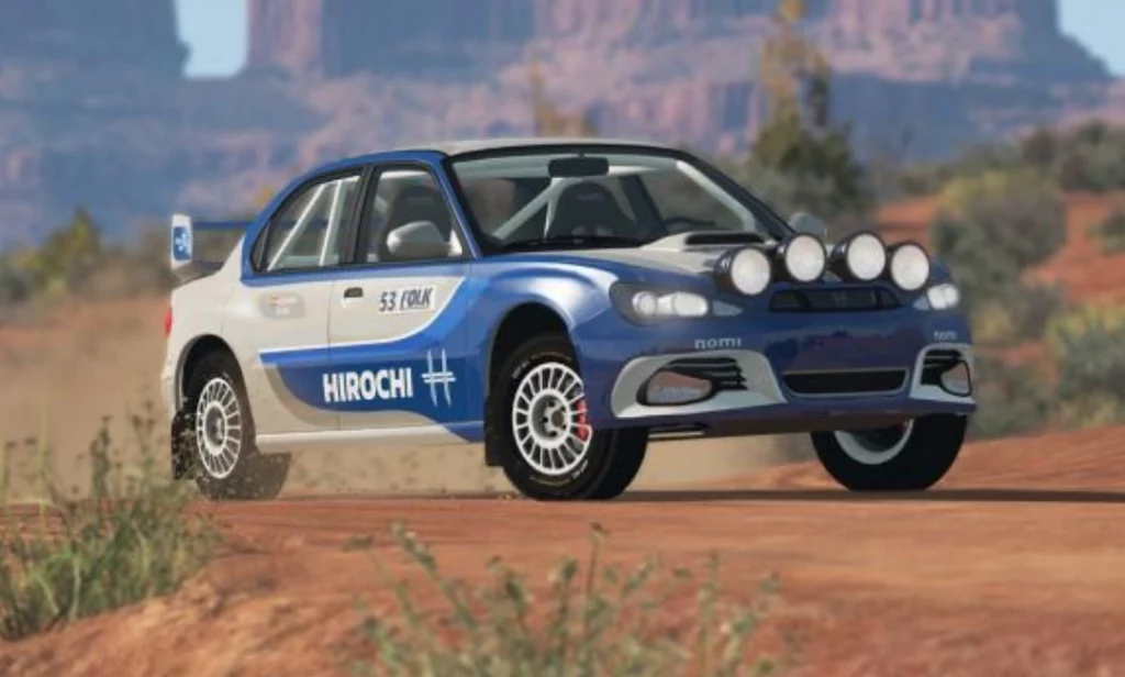 BeamNG.drive gameplay showing soft-body vehicle deformation after a crash