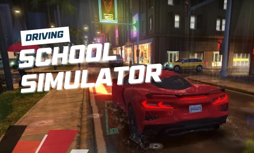 Driving School Simulator game image with various cars, learning modes, and real traffic environments for practice
