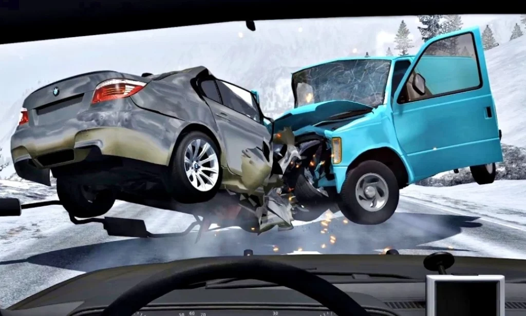 First-person cockpit view from BeamNG.drive showcasing realistic crash physics