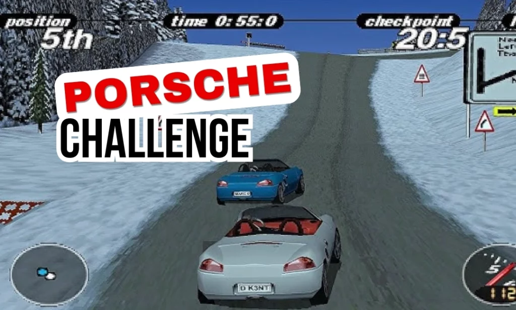 Porsche Challenge racing game featuring different Porsche 911 models competing on twisty tracks with sharp turns