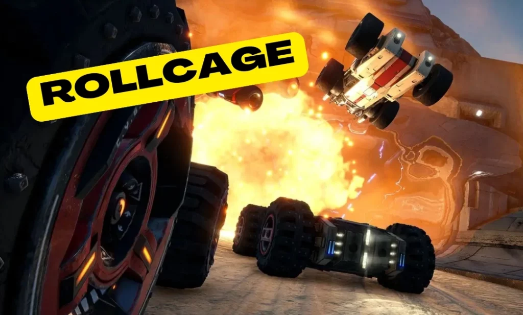 Rollcage PS1 combat racing game with fast vehicles driving on walls and ceilings in a sci-fi environment