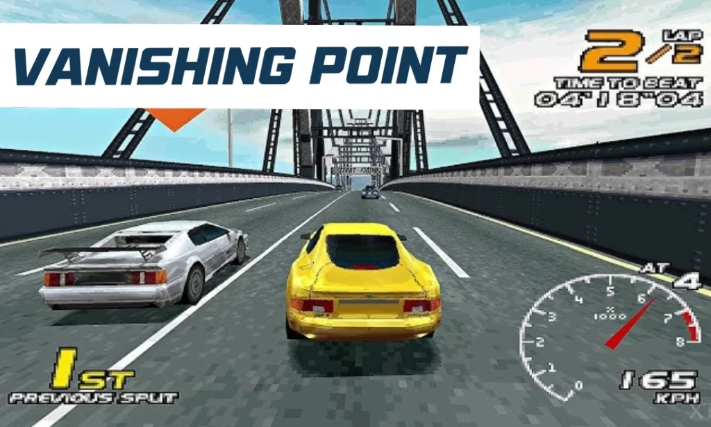 Vanishing Point PS1 racing game screenshot showing futuristic cars speeding on twisty highways